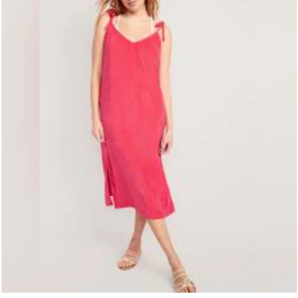 Old Navy Pink Terrycloth Shoulder-Tie Ruched Neck Midi Dress Coverup